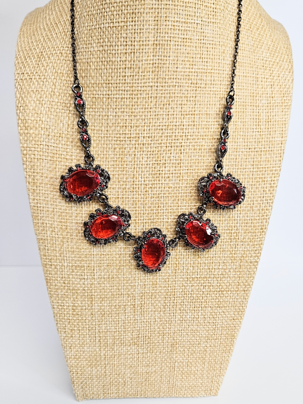Victorian Style Red Crystal/Gunmetal Statement Necklace
